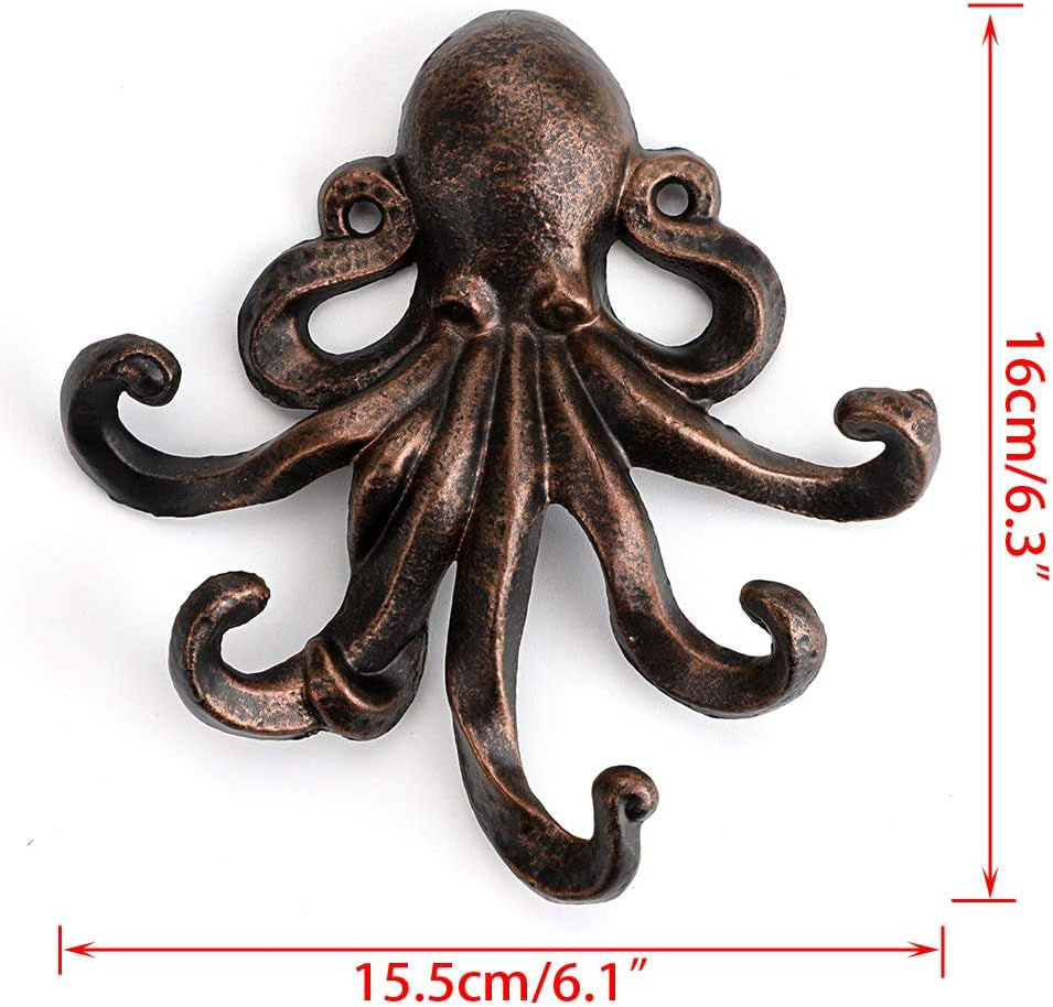 6 Inch Cast Iron Octopus Decorative Coat Hook - Wall Mounted Nautical Hand Towel Rack Holder with Screws, Rustic Metal Clothing Hanger for Bedroom/Bathroom/Kitchen/Balcony, Red Bronze