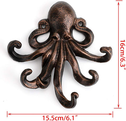 6 Inch Cast Iron Octopus Decorative Coat Hook - Wall Mounted Nautical Hand Towel Rack Holder with Screws, Rustic Metal Clothing Hanger for Bedroom/Bathroom/Kitchen/Balcony, Red Bronze