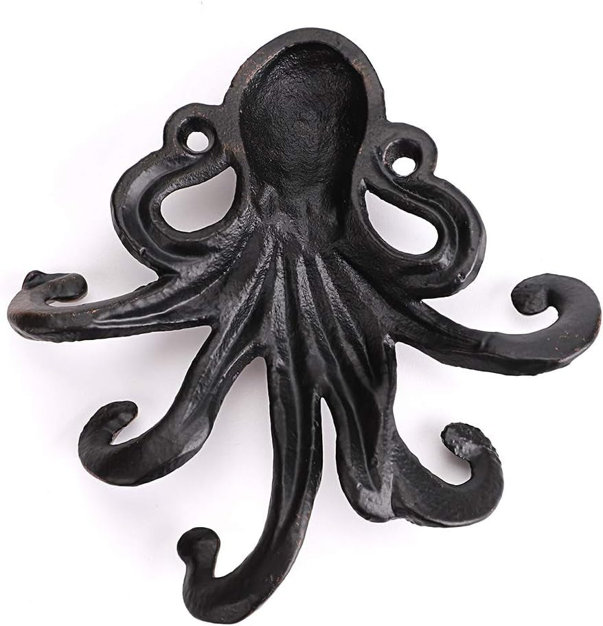 6 Inch Cast Iron Octopus Decorative Coat Hook - Wall Mounted Nautical Hand Towel Rack Holder with Screws, Rustic Metal Clothing Hanger for Bedroom/Bathroom/Kitchen/Balcony, Red Bronze