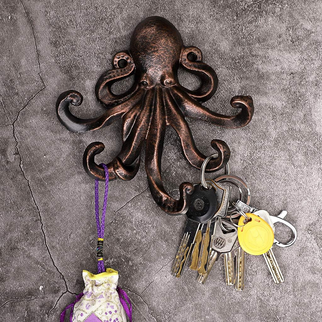 6 Inch Cast Iron Octopus Decorative Coat Hook - Wall Mounted Nautical Hand Towel Rack Holder with Screws, Rustic Metal Clothing Hanger for Bedroom/Bathroom/Kitchen/Balcony, Red Bronze