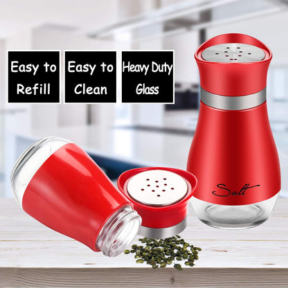 2 Pack Cute Salt and Pepper Shakers Stainless Steel Glass Bottom Spice Dispenser Sea Salt Sugar Shaker Refillable Pepper Shaker Seasoning Cans (Red)