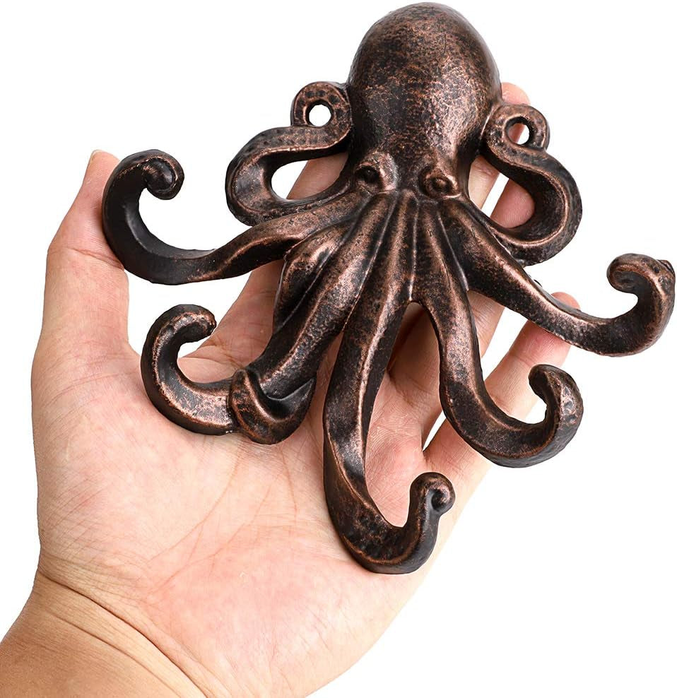 6 Inch Cast Iron Octopus Decorative Coat Hook - Wall Mounted Nautical Hand Towel Rack Holder with Screws, Rustic Metal Clothing Hanger for Bedroom/Bathroom/Kitchen/Balcony, Red Bronze