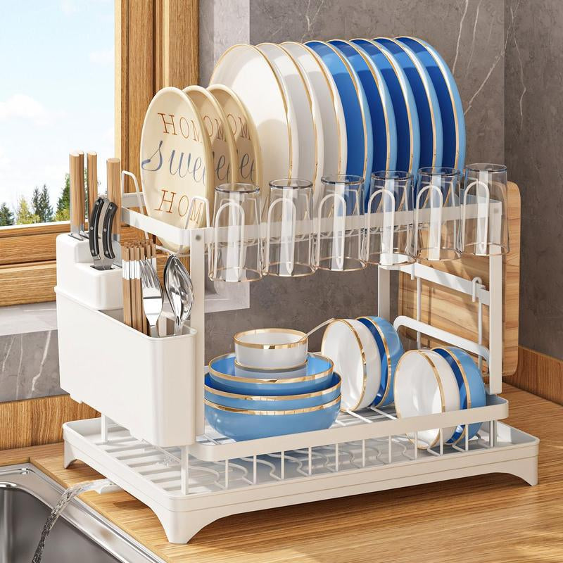 2-Tier Dish Drying Rack, Dish Drying Organizer with Drainboard, Detachable Dish Drainer Organizer, Kitchen Gadgets Space Saver, Tableware Drain Storage Shelves, Kitchen Cutlery Room Organizer, Halloween Gift, Fall Decor