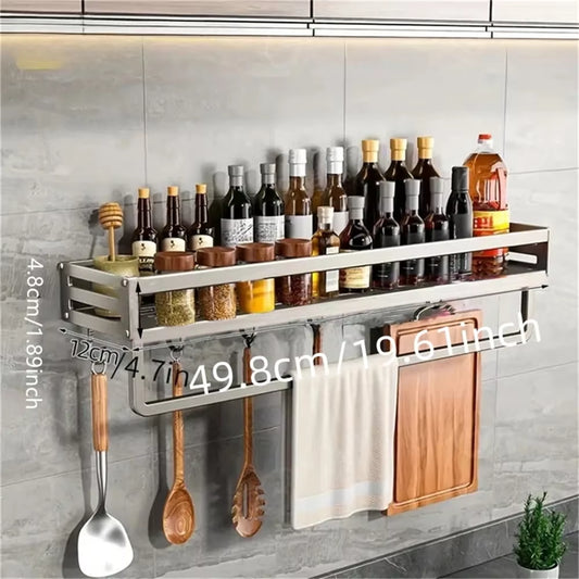 Aluminum Wall-Mounted Spice Rack Multifunctional Item Shelf Kitchen Tools Hooks Kitchen Condiment Storage Rack Usefull Things