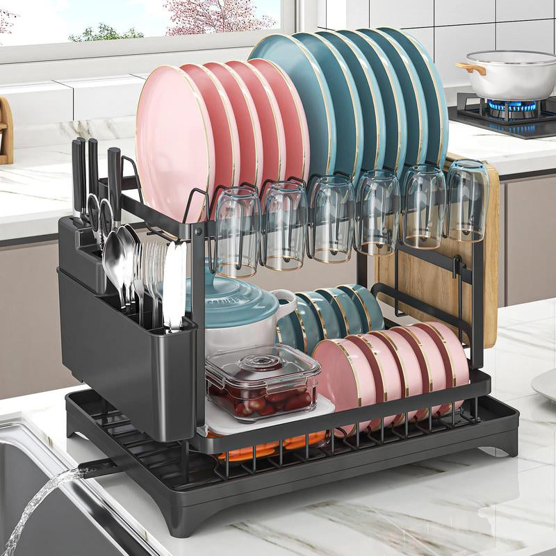 2-Tier Dish Drying Rack, Dish Drying Organizer with Drainboard, Detachable Dish Drainer Organizer, Kitchen Gadgets Space Saver, Tableware Drain Storage Shelves, Kitchen Cutlery Room Organizer, Halloween Gift, Fall Decor