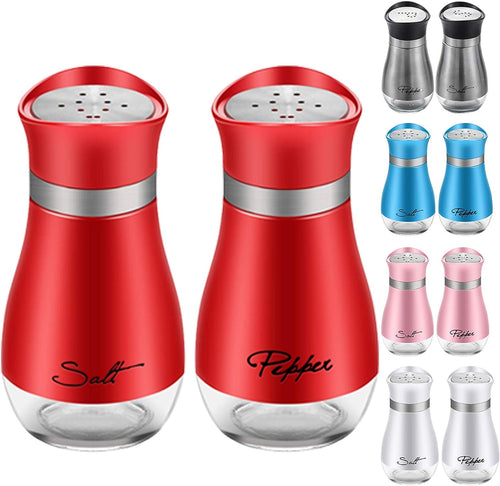 2 Pack Cute Salt and Pepper Shakers Stainless Steel Glass Bottom Spice Dispenser Sea Salt Sugar Shaker Refillable Pepper Shaker Seasoning Cans (Red)