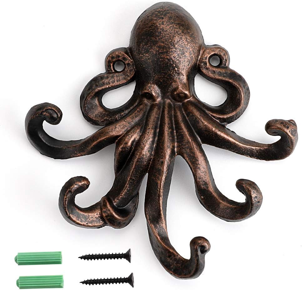 6 Inch Cast Iron Octopus Decorative Coat Hook - Wall Mounted Nautical Hand Towel Rack Holder with Screws, Rustic Metal Clothing Hanger for Bedroom/Bathroom/Kitchen/Balcony, Red Bronze