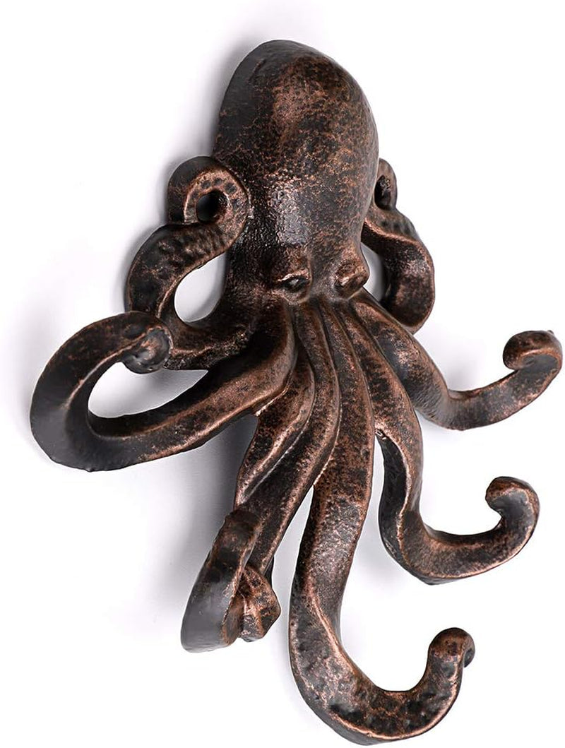 6 Inch Cast Iron Octopus Decorative Coat Hook - Wall Mounted Nautical Hand Towel Rack Holder with Screws, Rustic Metal Clothing Hanger for Bedroom/Bathroom/Kitchen/Balcony, Red Bronze