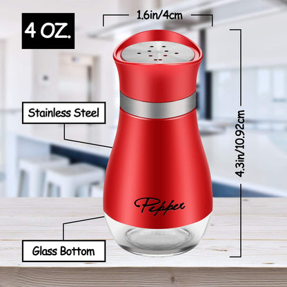 2 Pack Cute Salt and Pepper Shakers Stainless Steel Glass Bottom Spice Dispenser Sea Salt Sugar Shaker Refillable Pepper Shaker Seasoning Cans (Red)